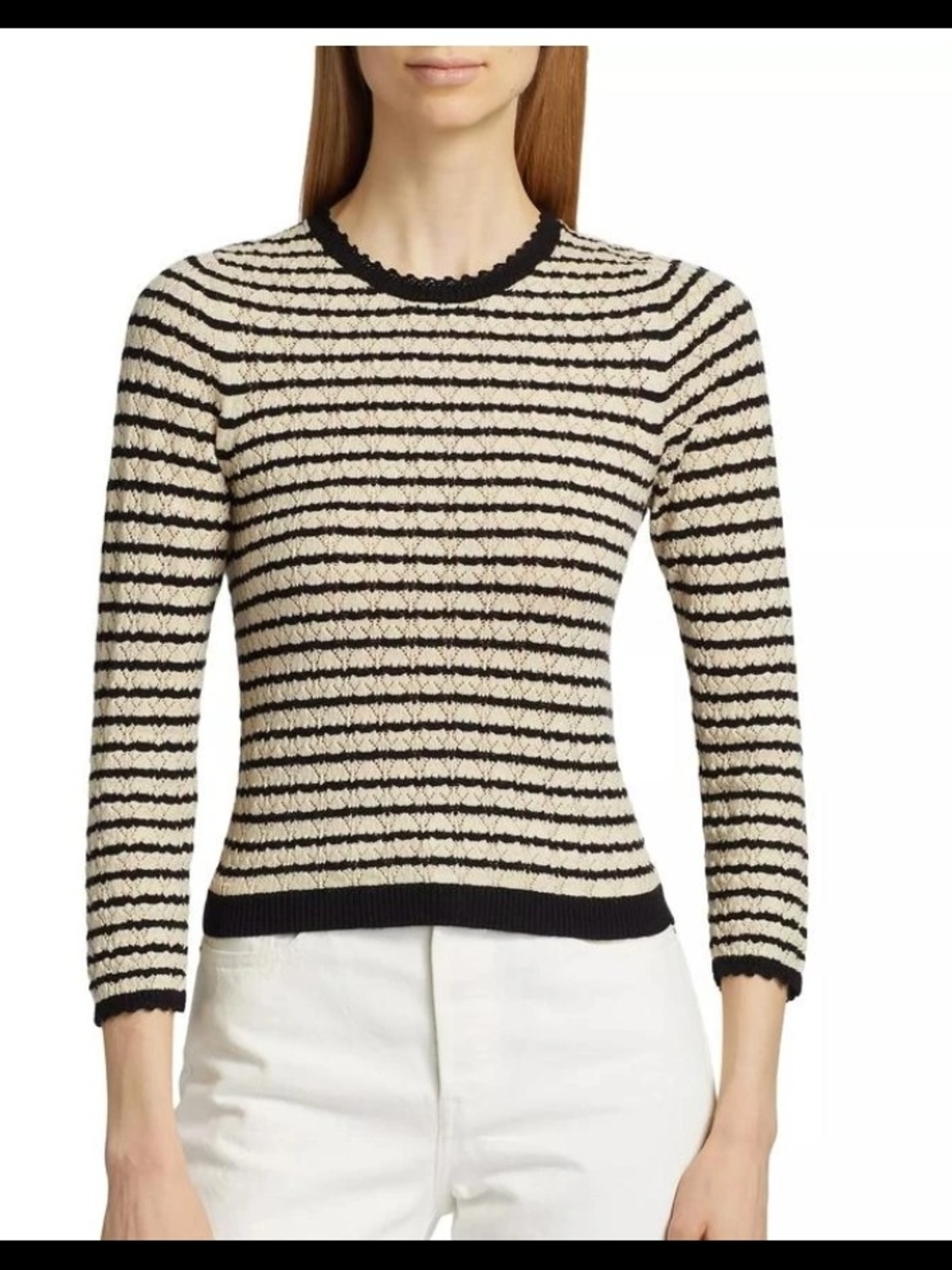 Doen Black & Cream Striped Scallop-Trim Knit Top